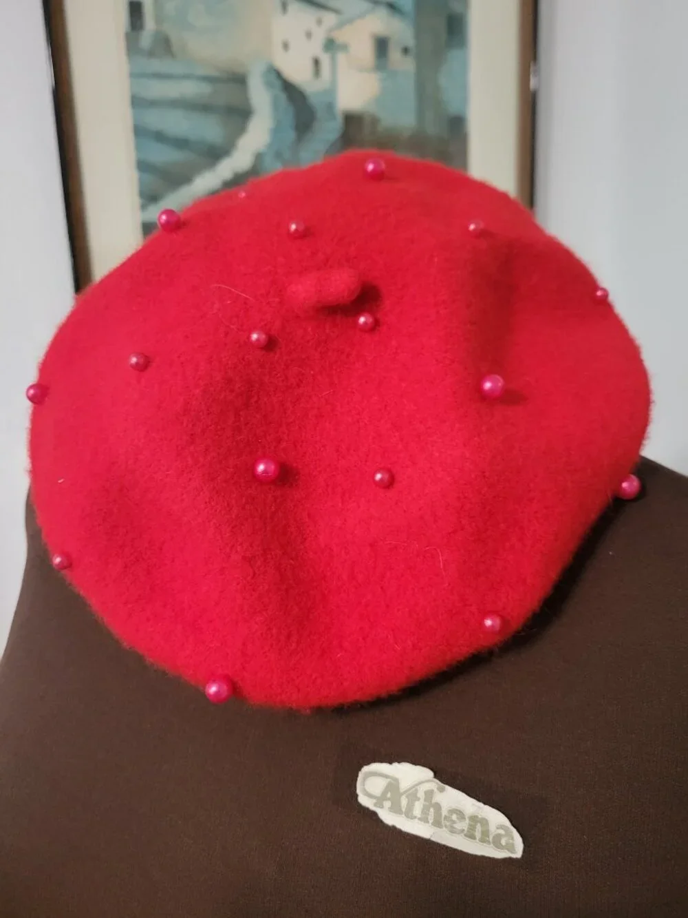 Vintage Red Angora with Pearls Beret